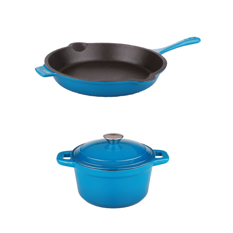 Batterie de cuisine en fonte 3 pièces Neo, poêle hollandaise ronde et poêle à frire Neo, Bleu