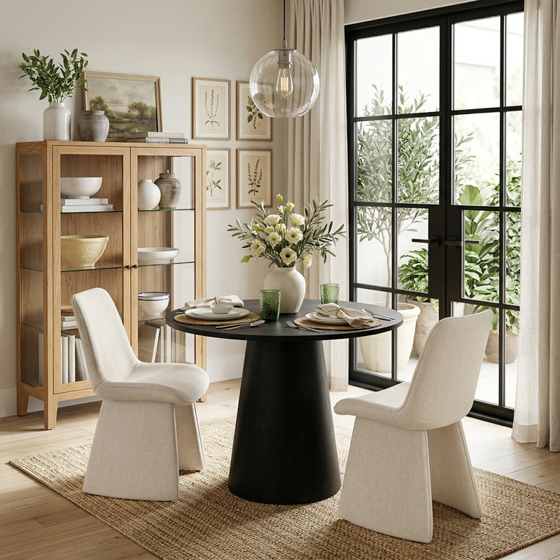 35" Round Pedestal Dining Table Set With 2 Upholstered Dining Chairs, Beige