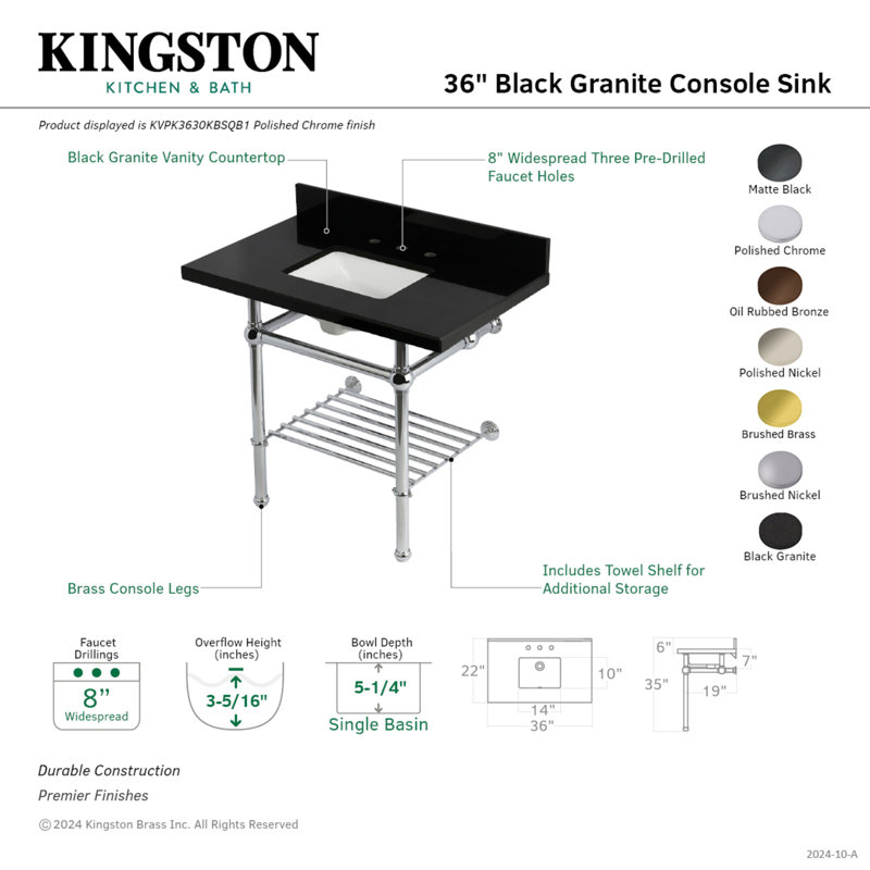 Kingston Brass Templeton 36-Inch Black Granite Console Sink with Brass Legs and Shelf (8-Inch, 3-Hole)