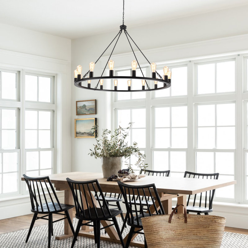  16 - Light 31 inch Dimmable Modern Farmhouse Wagon Wheel Chandelier for Living Room Kitchen Island Dining Foyer, Black