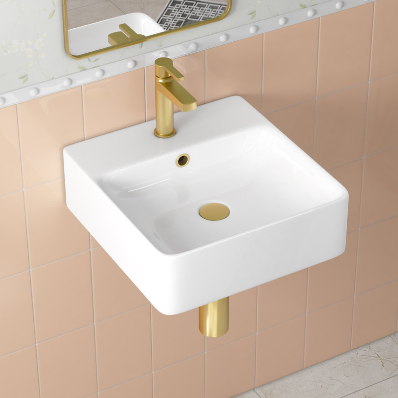 Turner 16" L x 16" W Crisp White Ceramic Square Wall Mount/Vessel Bathroom Sink with Overflow