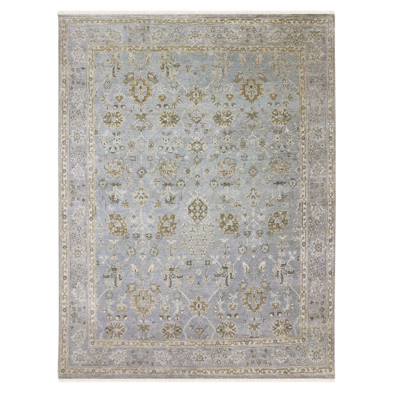 Hand-Knotted Blue Wool Fringed Area Rug, 14' x 10'