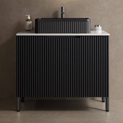 30" W Bathroom Vanity with Sintered Stone Top and Ceramic Sink, Fluted Freestanding Vanity, Black