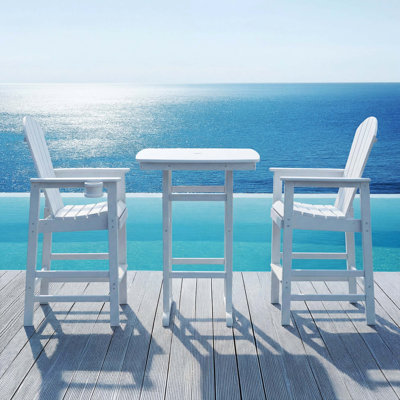 3-Piece HDPE Bar-Height Patio Set, 42.1-Inch Square High Top Pub Table With Umbrella Hole And 2 Bar Stools With Cup Holders, All-Weather Outdoor Bistro Set, White