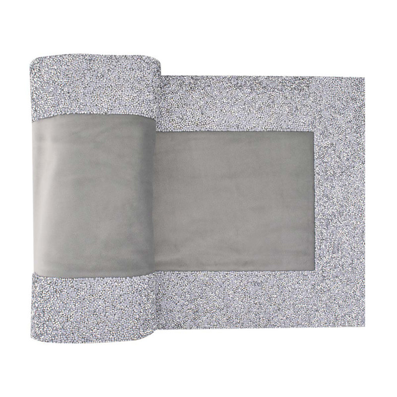 Sparkles Home Luminous Border Velvet Table Runner with Rhinestone Trim | 72"x13" Decorative Accent, Silver