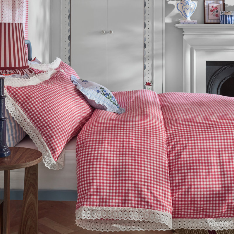 Painted Gingham Lace Reversible Cotton Duvet Cover Set, King, Red