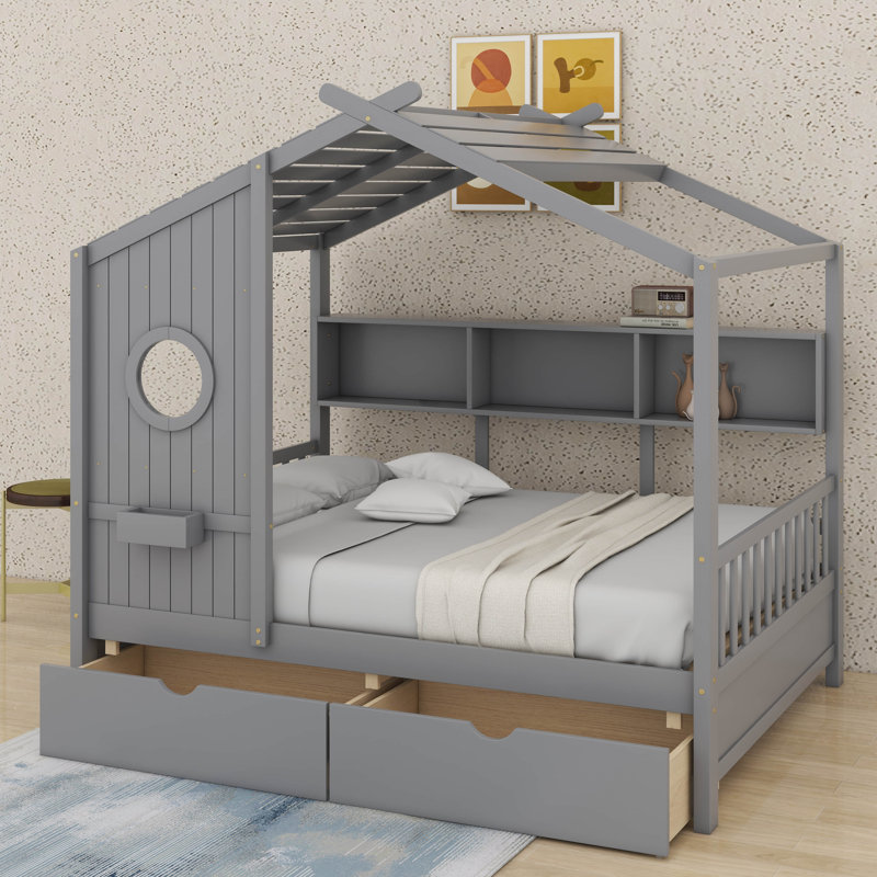 Lit double en bois avec tablettes de rangement et 2 tiroirs, Double
