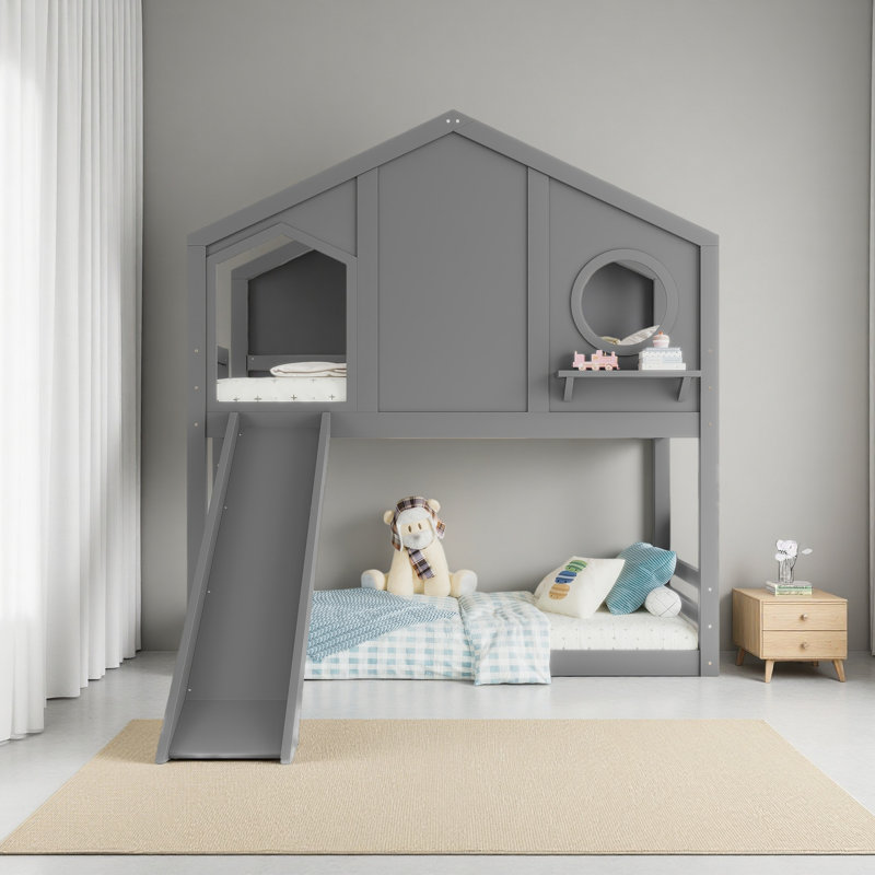 Lit superposé simple avec glissade et tablettes de rangement, lit mezzanine en bois massif avec fenêtre, conception enfantine