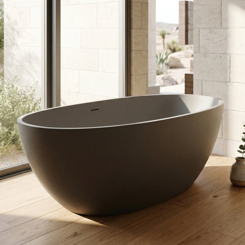 63" Freestanding Soaking Bathtub, Stone Resin, One-Piece Ergonomic Design, Pop-Up Drain, Anti-Leak