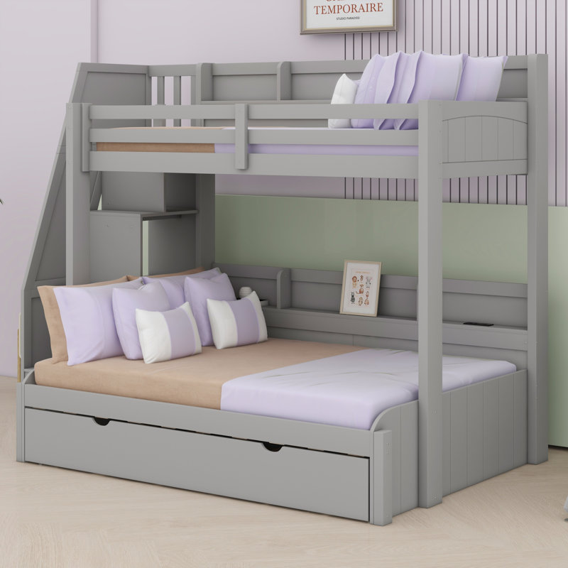 Lit superposé en bois avec escalier de rangement, lit gigogne, tablettes, ports DEL et USB, Gris