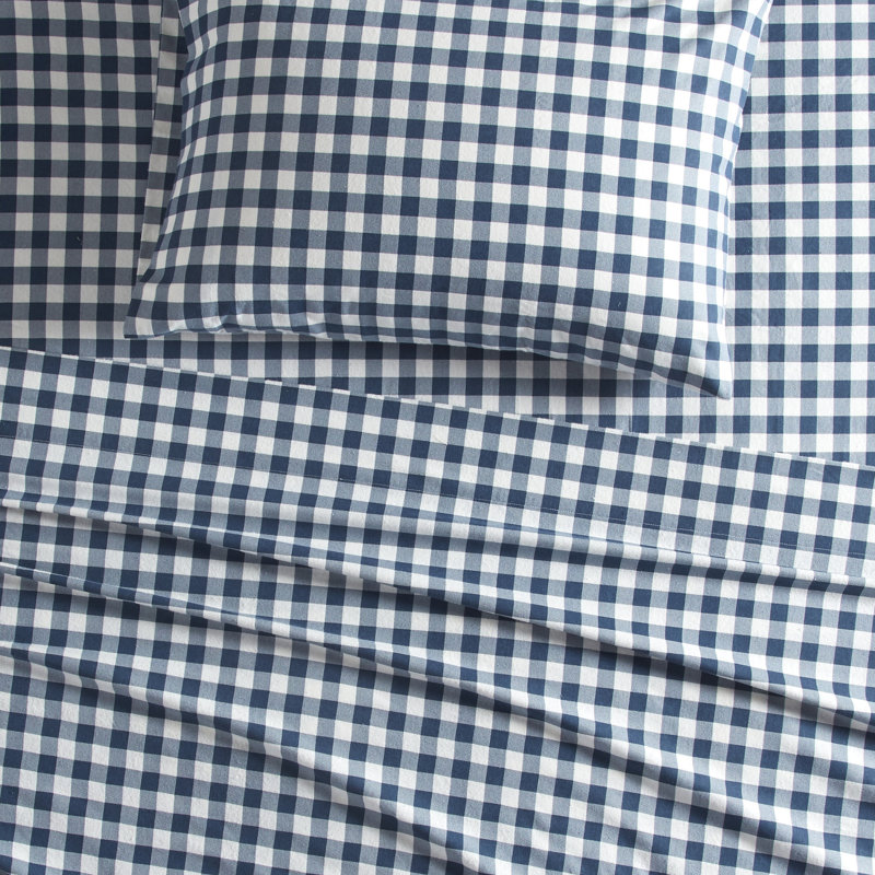 Queen Blue Plaid Cotton Flannel Sheet Set