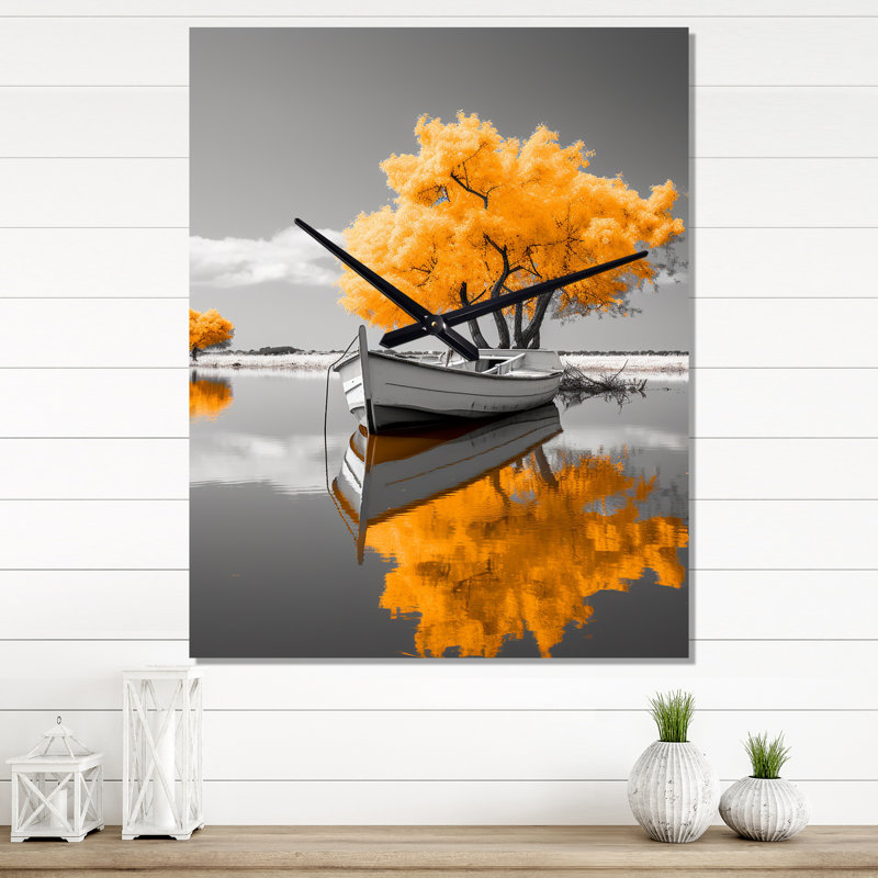 Monochrome Yellow Boat Reflections I - Boat Wall Clock Oversized, 32" H x 16" W x 1" D