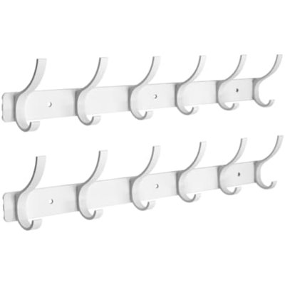 Coat Rack Wall Mounted,6 Coat Hooks for Hanging Coats,Heavy Duty Metal Double Hook Rack Hook Rail,Coat Rack with Hooks,Wall Mount Coat Hanger for Hat Towel Purse Robes (2 Pack White, 6 Hooks)