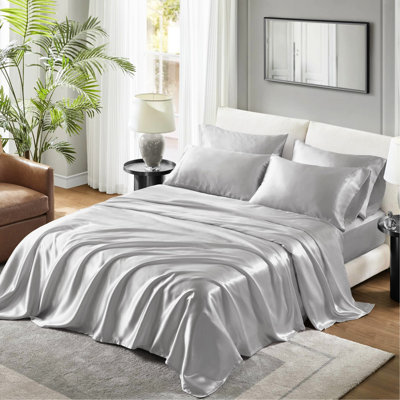 Twin 100% Satin 4 Pcs Grey Luxury Sheet - Wrinkle , Smooth Texture, Tames Frizz, Fitted For 16" Mattresses, Open Ended Pillowcases, Reduces Hair Breakage,