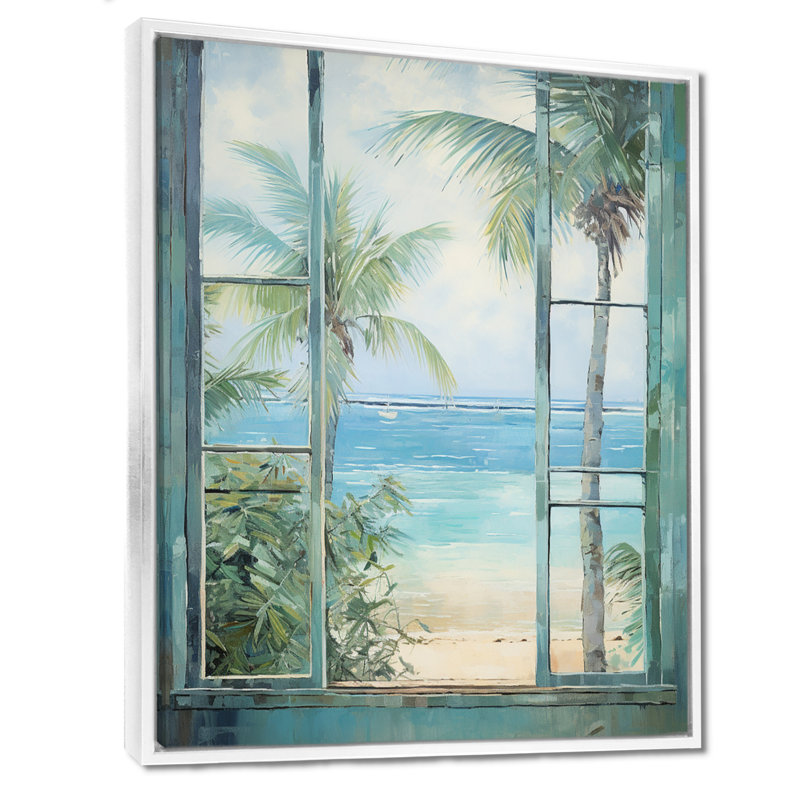 «Tropical beach Windows horizon I» - Impression sur toile côtières, Cadre flottant blanc, H 32 po x l 24 po x P 1 po