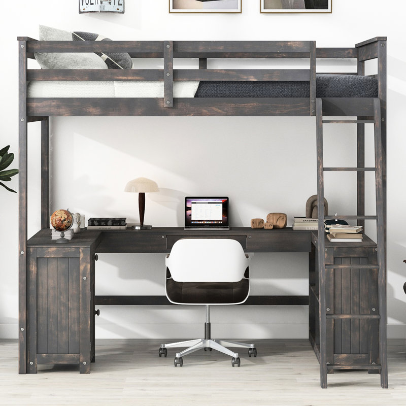 Lit mezzanine double antique brun avec bureau en U et tablette de rangement - Bois pour chambre à coucher avec bureau, tiroirs en construction stable