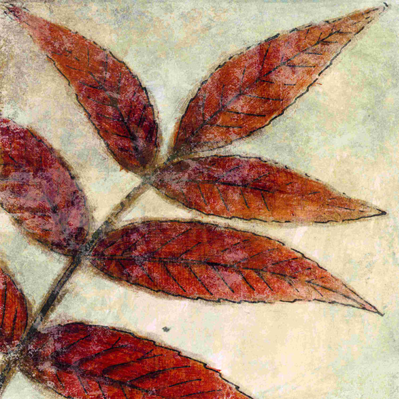 Feuilles rouges - peinture sur toile tendue, H 12 po x l 12 po