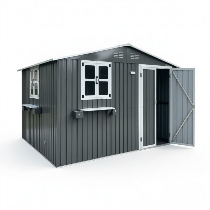 Remise de rangement extérieure en métal 10 pi x 8 pi avec fenêtre et support à fleurs, remise à outils verrouillable à deux portes, remise de jardin imperméable et imperméable pour patio, gris