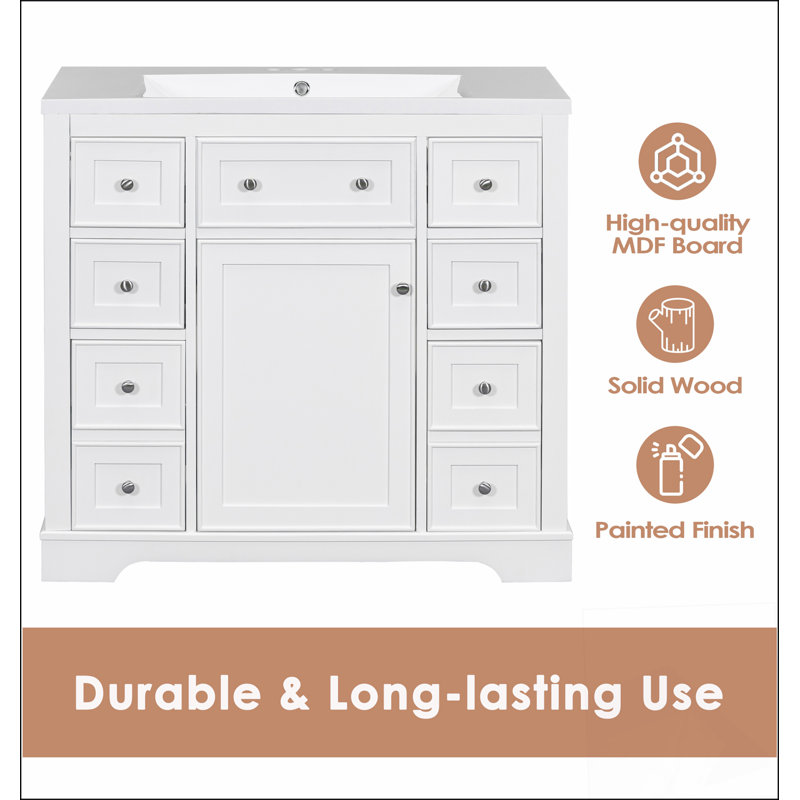Meuble-lavabo de salle de bain avec lavabo et 6 tiroirs - Structure en bois massif, lavabo en céramique, tablettes réglables et cloisons