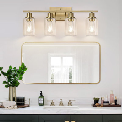 Luminaire de salle de bain moderne en laiton avec abat-jour en verre transparent, applique de meuble-lavabo à 4 lumières pour miroir, salon et armoire, conception durable et polyvalente