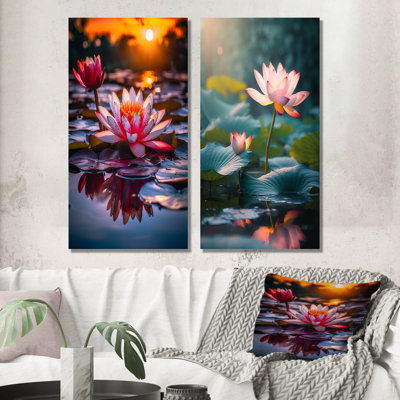 Lotus Pond At Sunset - lot de 2 reproductions d'art en métal Lotus