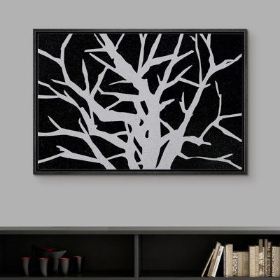 Signe, reproduction d'art sur toile encadrée, branche d'arbre gris, silhouette, plantes, illustrations, impressionnisme, dramatique, noir et blanc, pour le salon, la chambre à coucher, le bureau