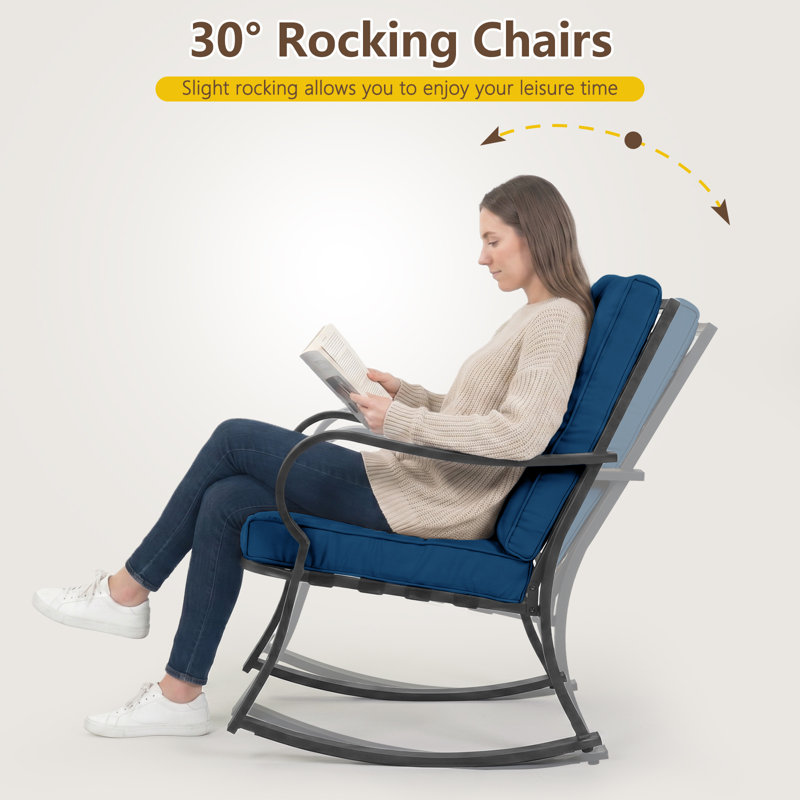 3 Piece Rocker Seating Group with Cushions, 2 - Person Outdoor Rocking Patio Chairs Set with Tempered Glass Top Coffee Table for Porch, Backyard, Balcony
