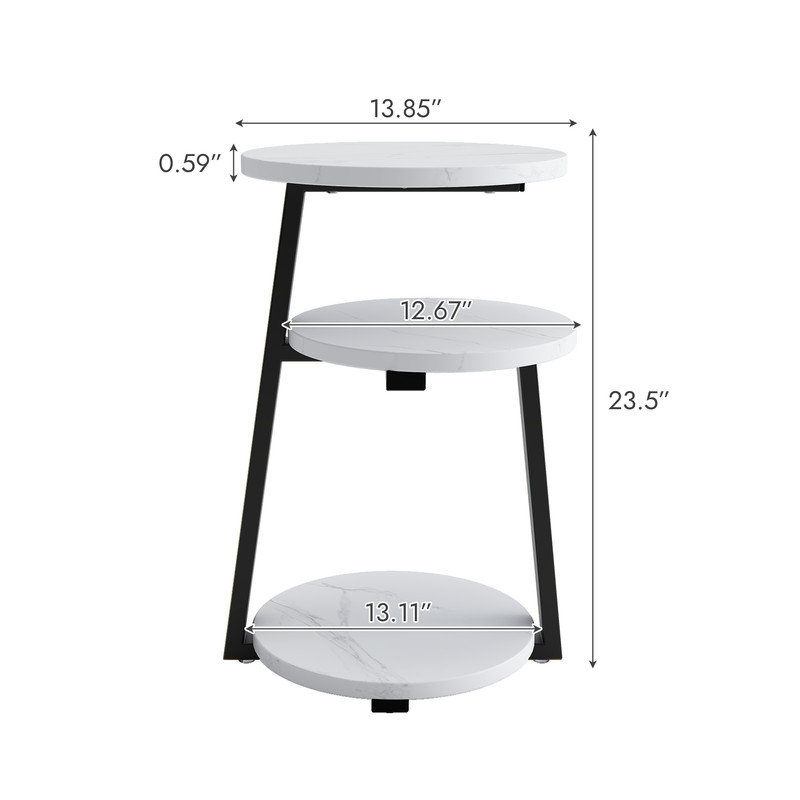 Table d'appoint ronde à 13 niveaux 13,85 po pour le salon, table de bout en métal blanc et noir avec tablettes en marbre, table basse peu encombrante pour livres et télécommandes - H 23,5 po