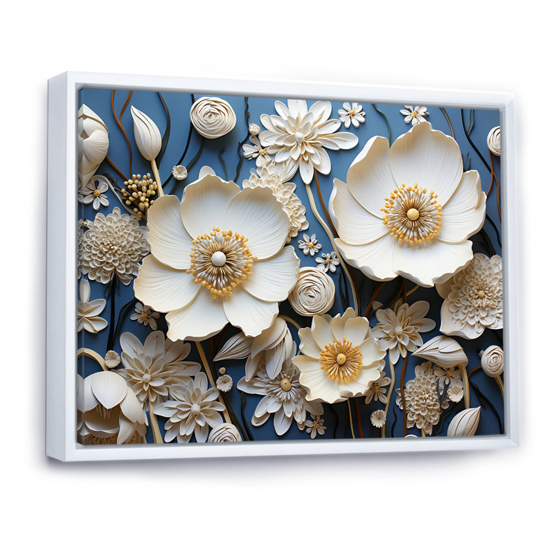 «Minimalisme Buttercups On Blue I», reproduction sur toile, H 30 po x l 40 po, Cadre flottant blanc