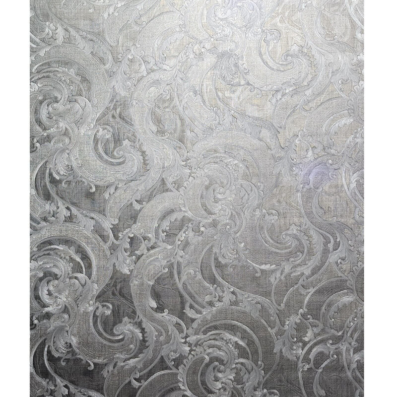 Hemal Victorian Wavy Damask Gray Silver Gold Metallic Textured Faux Fabric Wallpaper