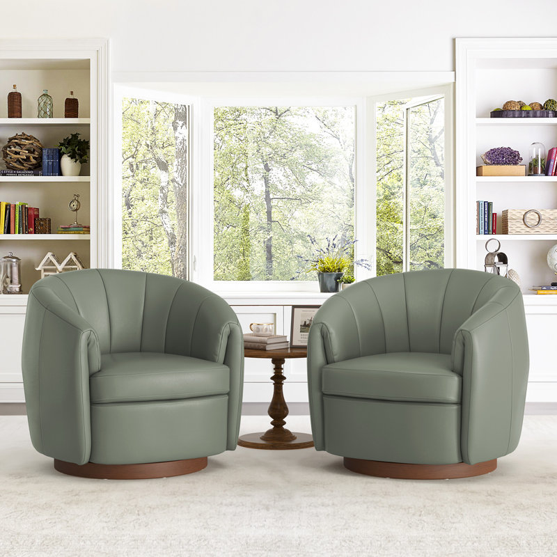 Seraphina Top Grain Leather Swivel Barrel Chair, Grayish Green