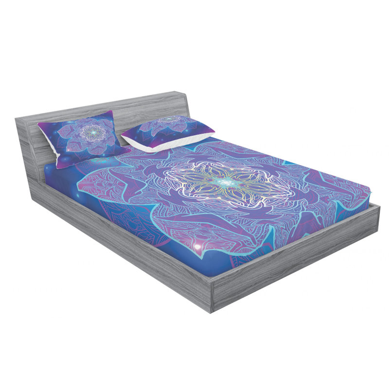 Mandala Microfiber Fitted Sheet, Queen Fitted Sheet with 2 Pillowcases, Star Mandala