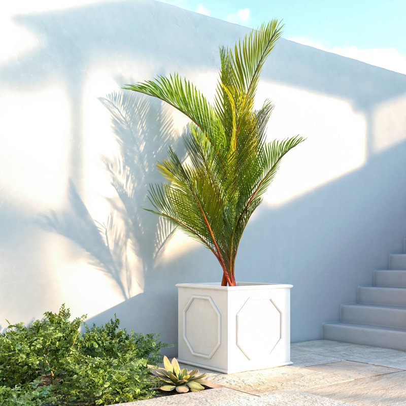 Crissman Square Handmade Fiberstone MGO Clay Planter Box with Decorative Panel Design - Indoor Outdoor Use for Patio, Garden, Backyard Modern Home