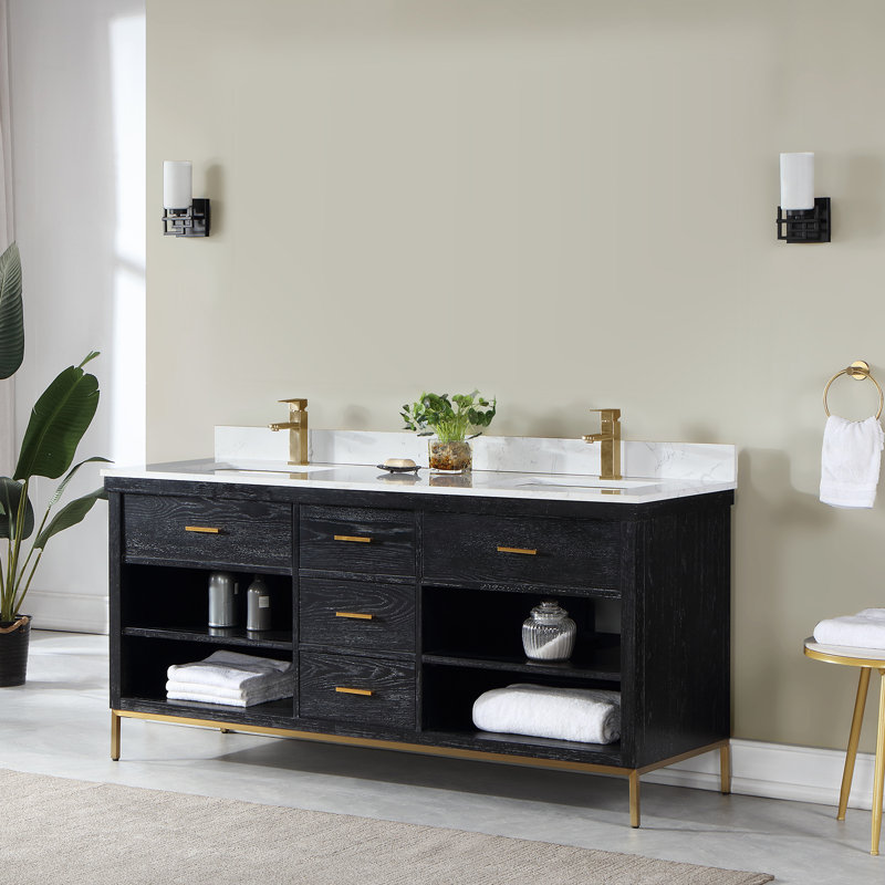 Adaire 72'' Double Bathroom Vanity with Cultured Marble Top, Black, Gold