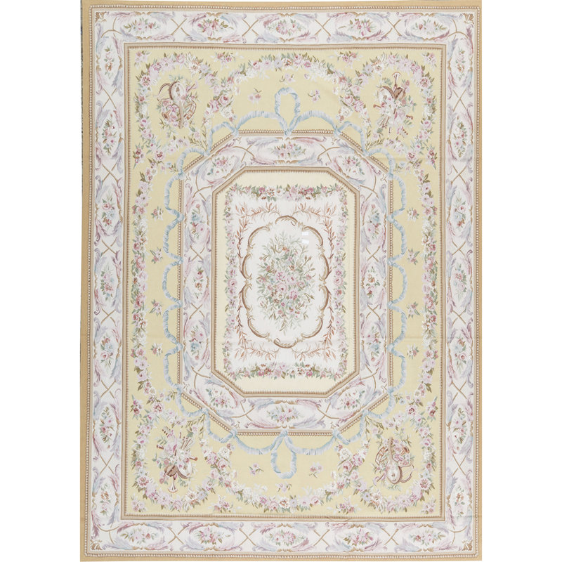 Tapis jaune et ivoire de haute qualité noué à la main