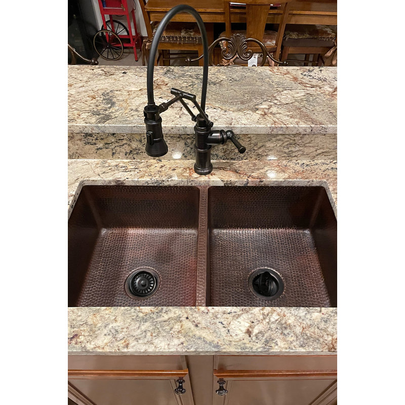 33" Hammered Copper Kitchen 50/50 Double Basin Sink with Matching Drains, and Accessories