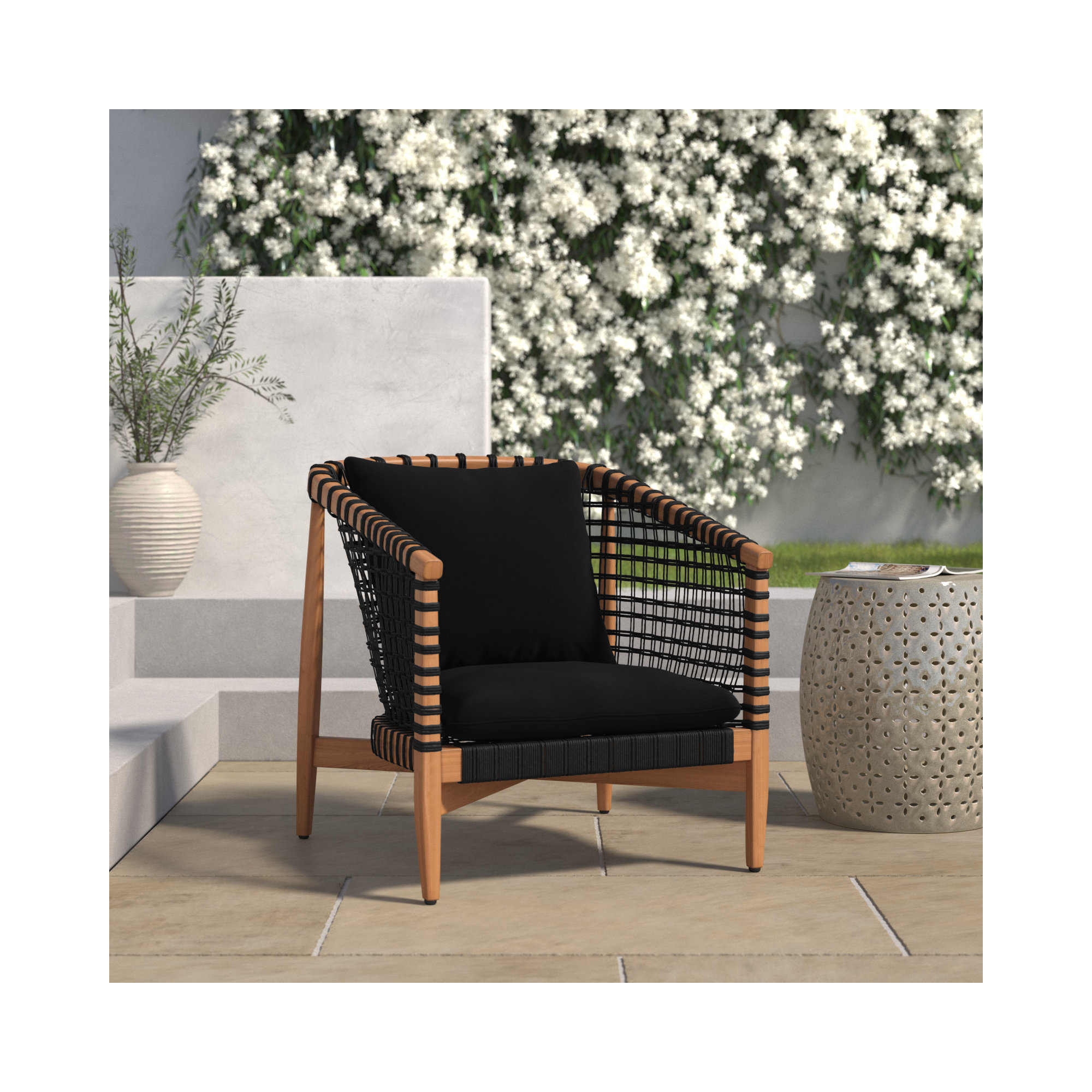 Izel Teak Outdoor Lounge Chair, Black Performance, Brown