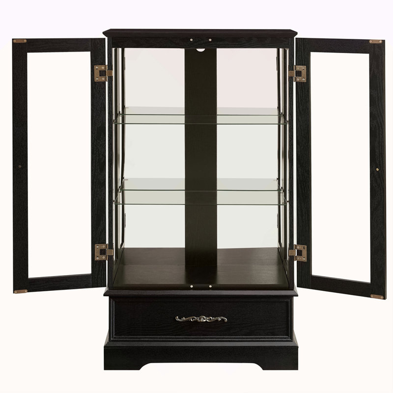 Vitrine lumineuse en verre avec tablettes réglables, Noir, No
