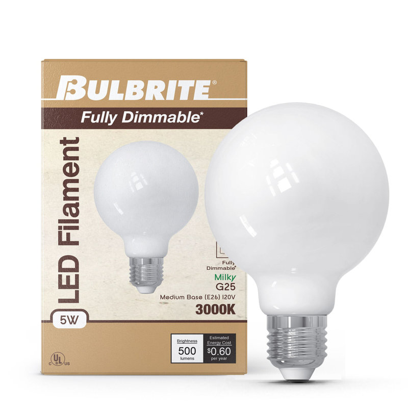 Ampoule G25 à intensité variable de 5 watts avec finition en verre laiteux et culot moyen (E26), 3000