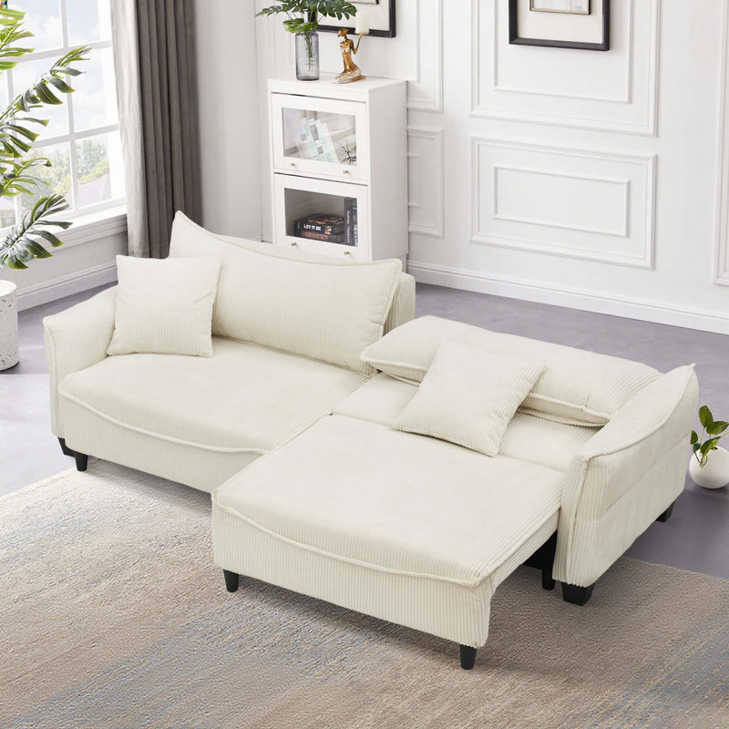Aurora Corduroy Convertible Sofa Bed With 2 Pillows - Easy-Clean Fabric In Multiple Colors, White/Beige