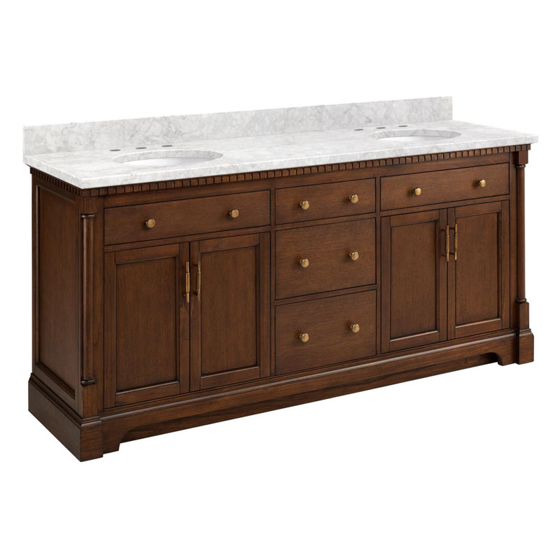 Claudia 72" Freestanding Mahogany Double Basin Vanity Set with Cabinet, Vanity Top, Carrara Marble, Antique Coffee
