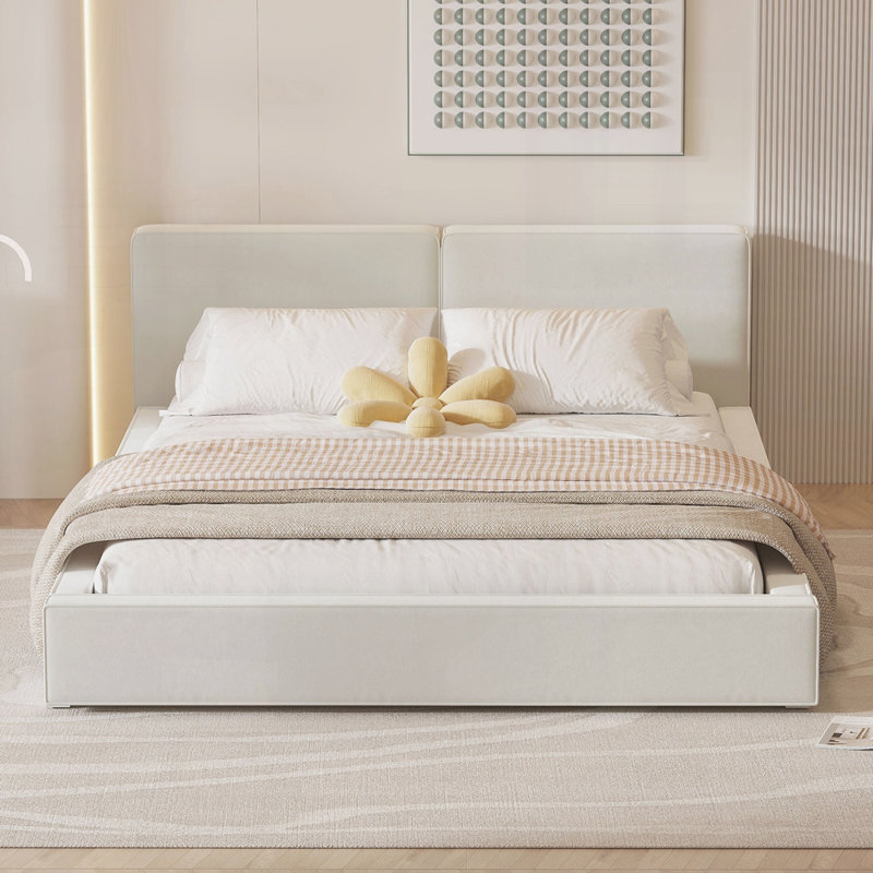 Lit plateforme tapissier avec tissu en velours, Beige