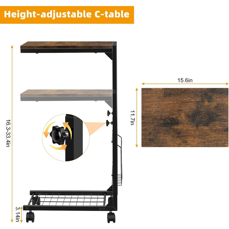 Table de bout à roulettes de 3,9 po de hauteur, Brun rustique, Brun rustique