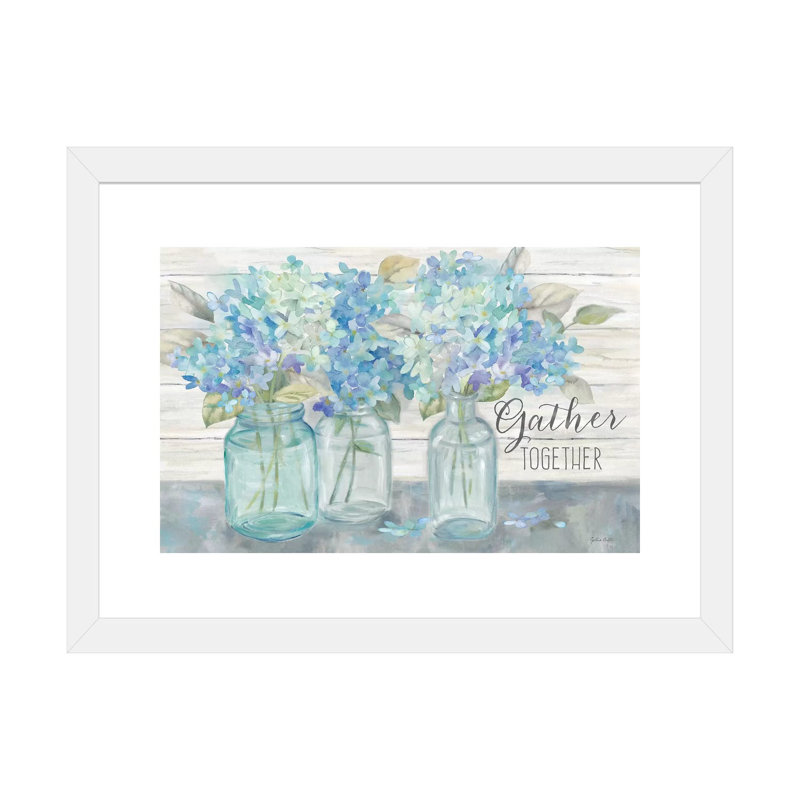 «Farmhouse Hydrangeas in Mason Jars Gather» - reproduction, H 24 po x l 32 po x P 1 po, Papier blanc