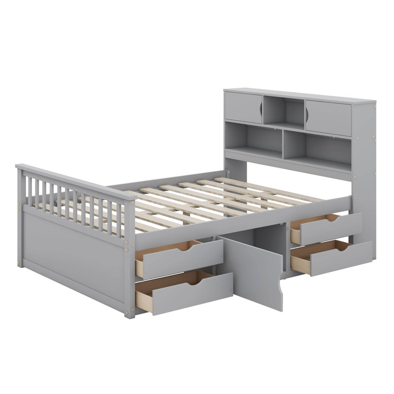 Lit plateforme double en bois massif, cadre de lit capitaine avec 4 tiroirs de rangement, bibliothèque et tablettes, lit de rangement multi-fonctions