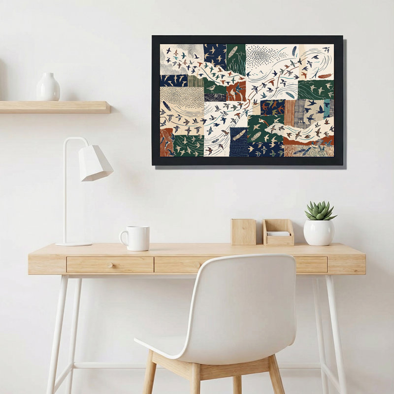 «Flocking Birds and Feathers in Earth Tone Patchwork», art mural, H 16 po x l 24 po