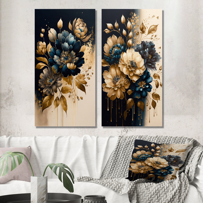«Blue and Gold Zinnia Flowers II», ensemble de 2 reproductions, Toile tendue, H 20 po x l 24 po