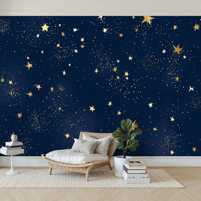 Peel and Stick Wallpaper 96" W x 69" H Modern Self Adhesive Wall Mural for Bedroom seamless galaxy blue gold constellations stars Golden space