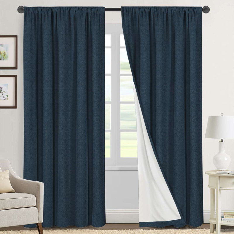 Linen Look 100% Blackout Curtains for Bedroom Full Light Blocking Rod Pocket 42 Inches Wide Linen Textured Thick Window Curtain Drapes with Backing