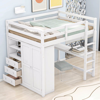 Full Size Space-Saving Loft Bed, Wood  With Built-In Wardrobe, Desk, Storage Shelves And Drawers